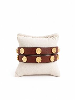 Tory Burch Brown Leather Double Wrap Logo Stud Bracelet